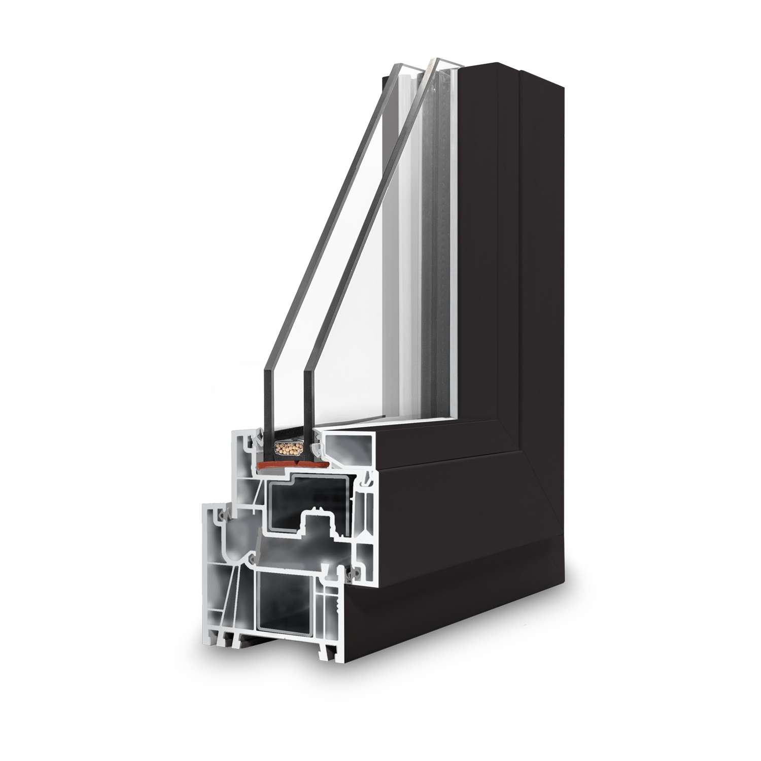 Spaccato tecnico di una finestra in PVC DGV Metal con triplo vetro e profilo antracite