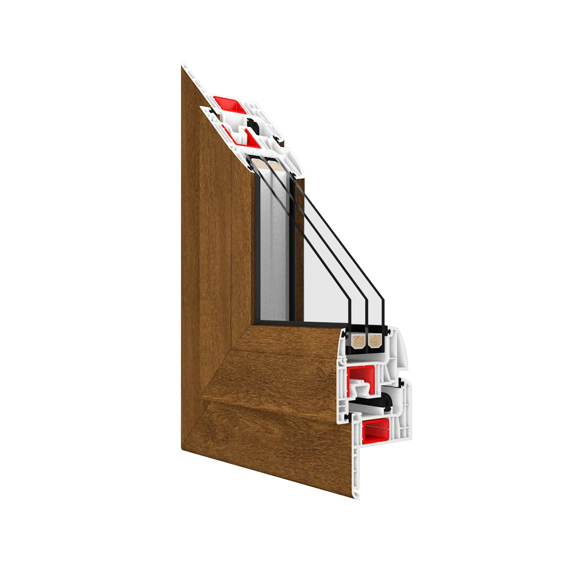Spaccato della finestra in PVC Drutex IGLO Energy a 7 camere con triplo vetro e finitura effetto legno