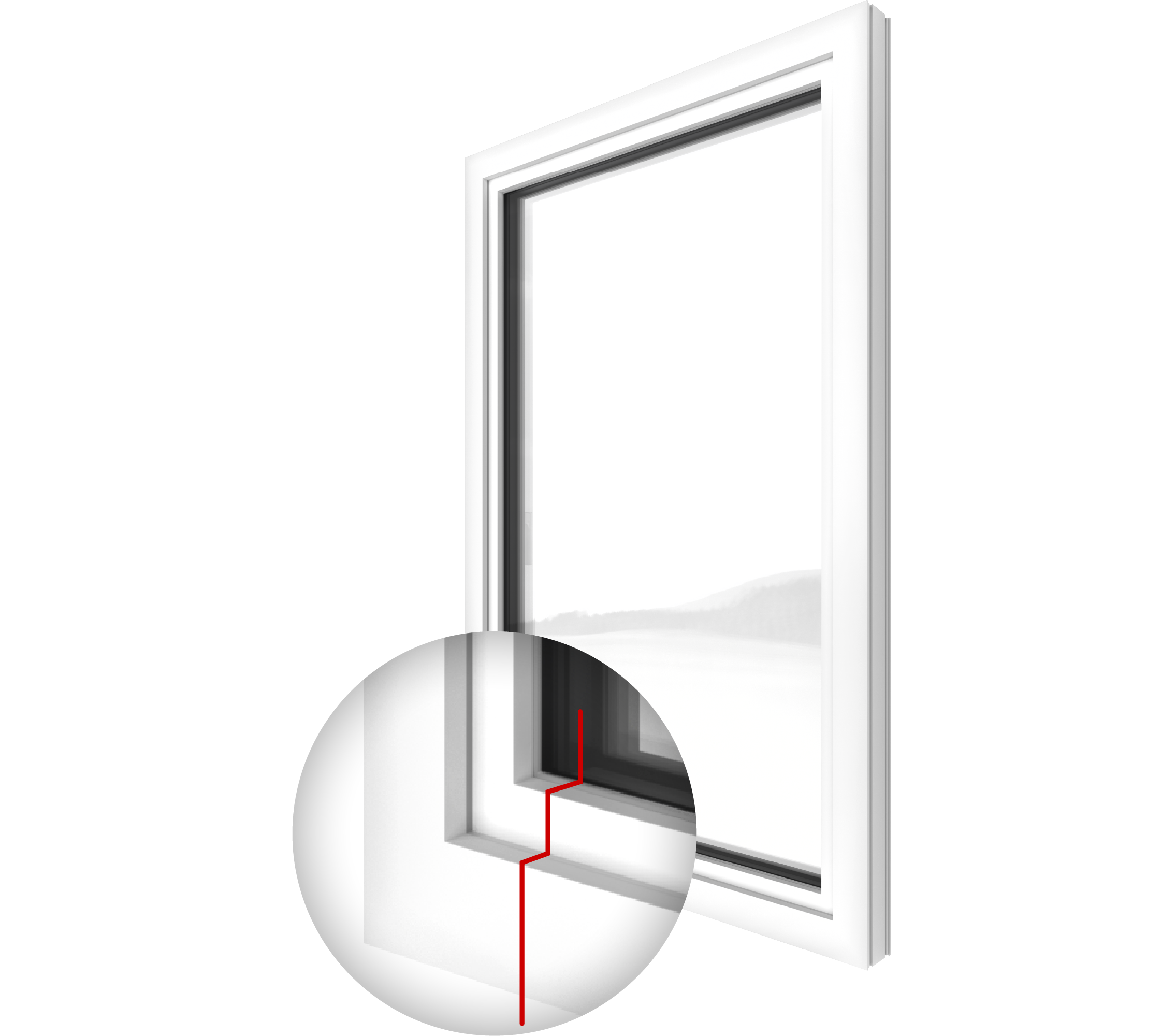 Render della finestra in PVC Internorm KF 410 con dettaglio ingrandito del profilo