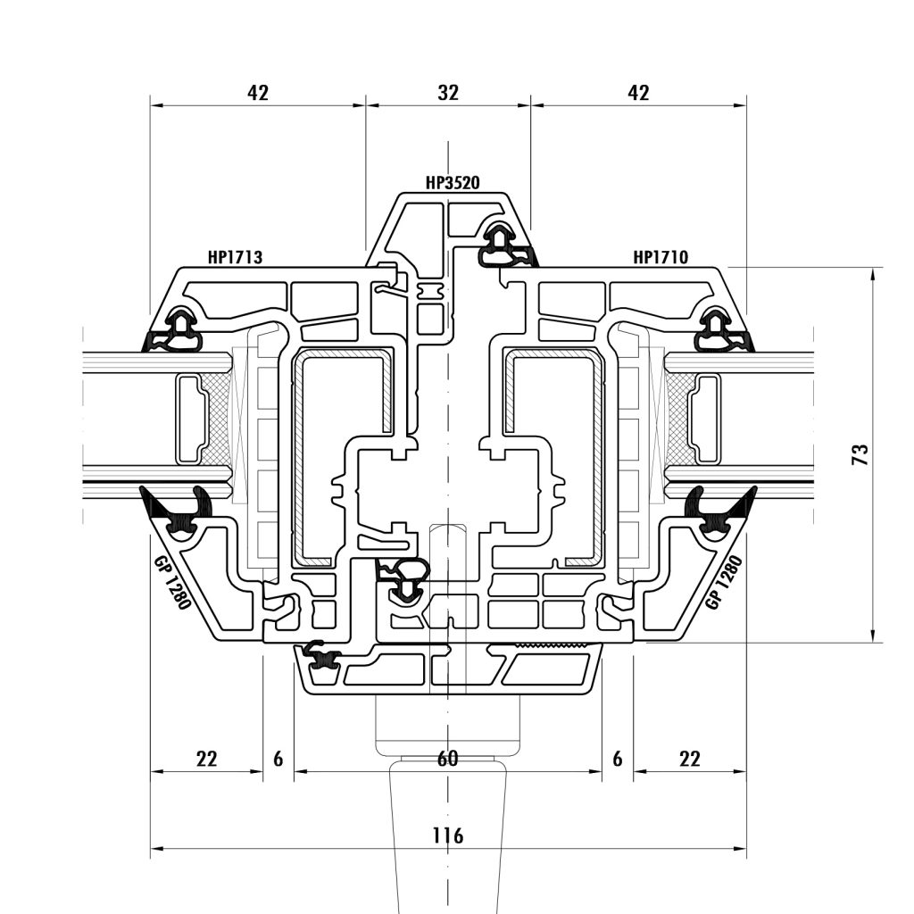 Spaccato tecnico quotato del nodo centrale di una finestra in PVC IsolCasa con profili Salamander