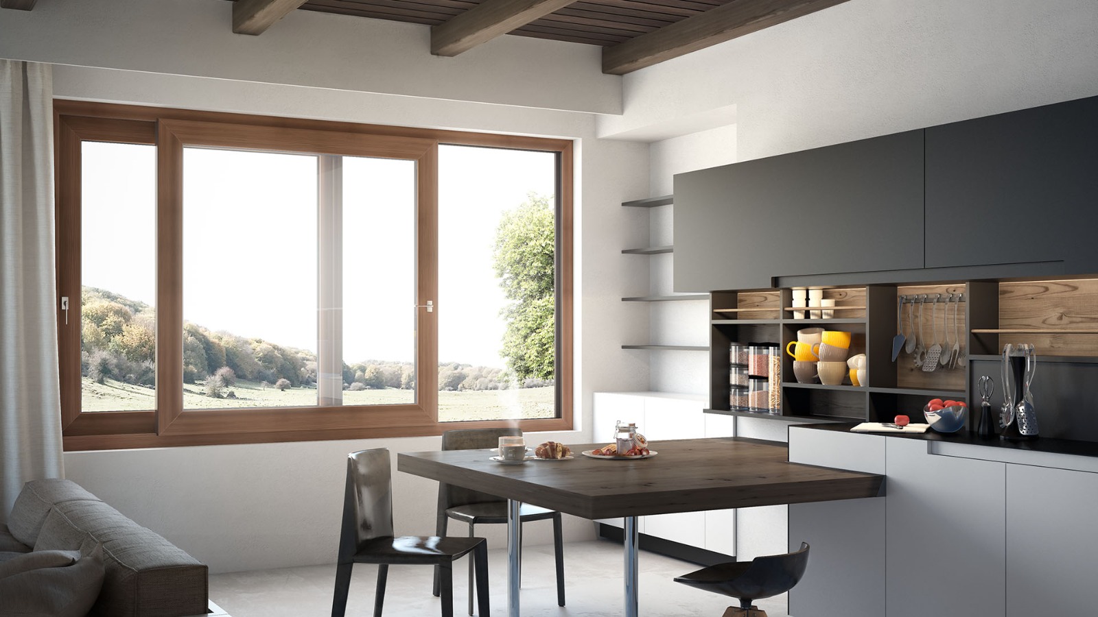 Scorrevole Nurith in PVC con finitura effetto legno rovere installato in una cucina con vista sulla campagna