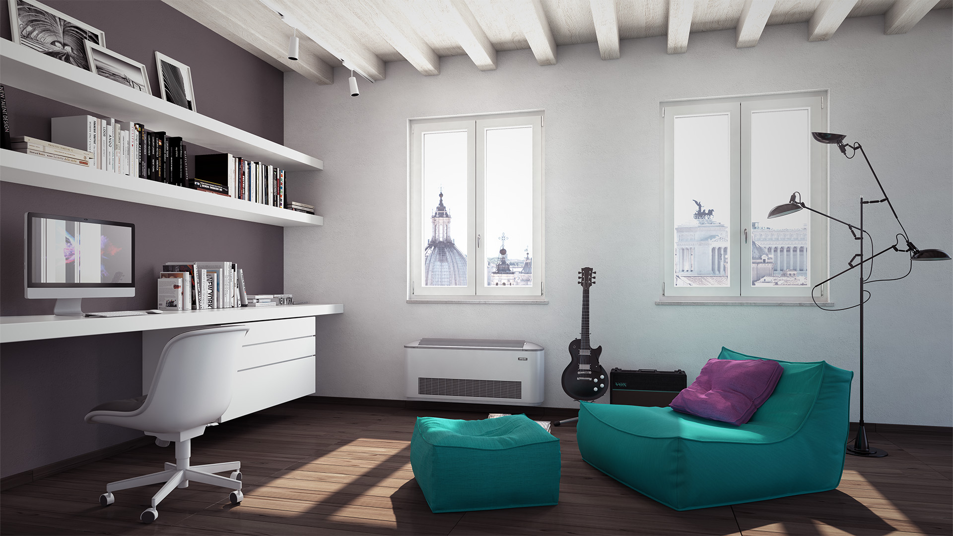 Finestre in PVC bianche della linea Young di Nurith in un interno italiano luminoso con vista sui monumenti di Roma