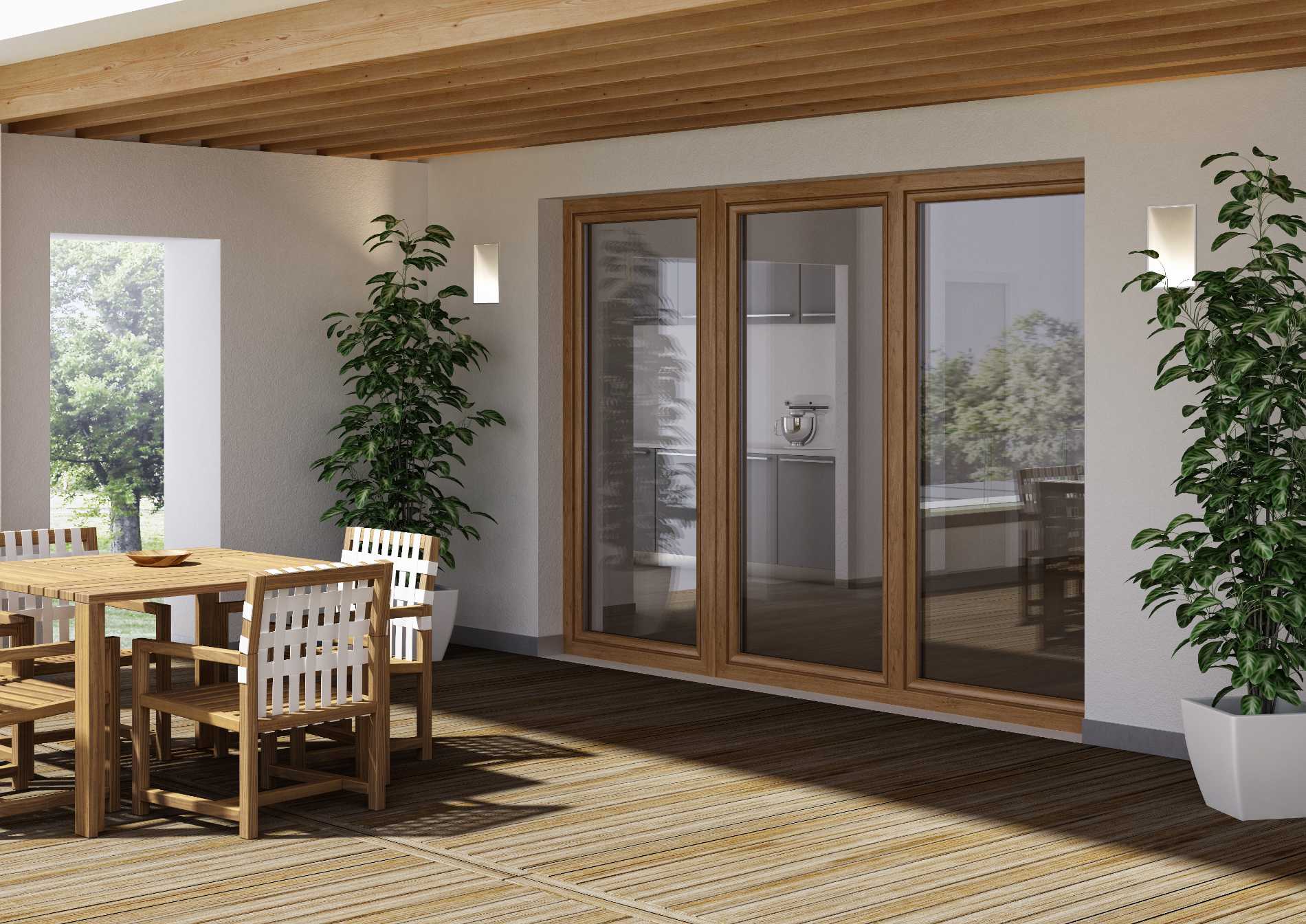 Portafinestra scorrevole Oknoplast in PVC effetto legno su una veranda