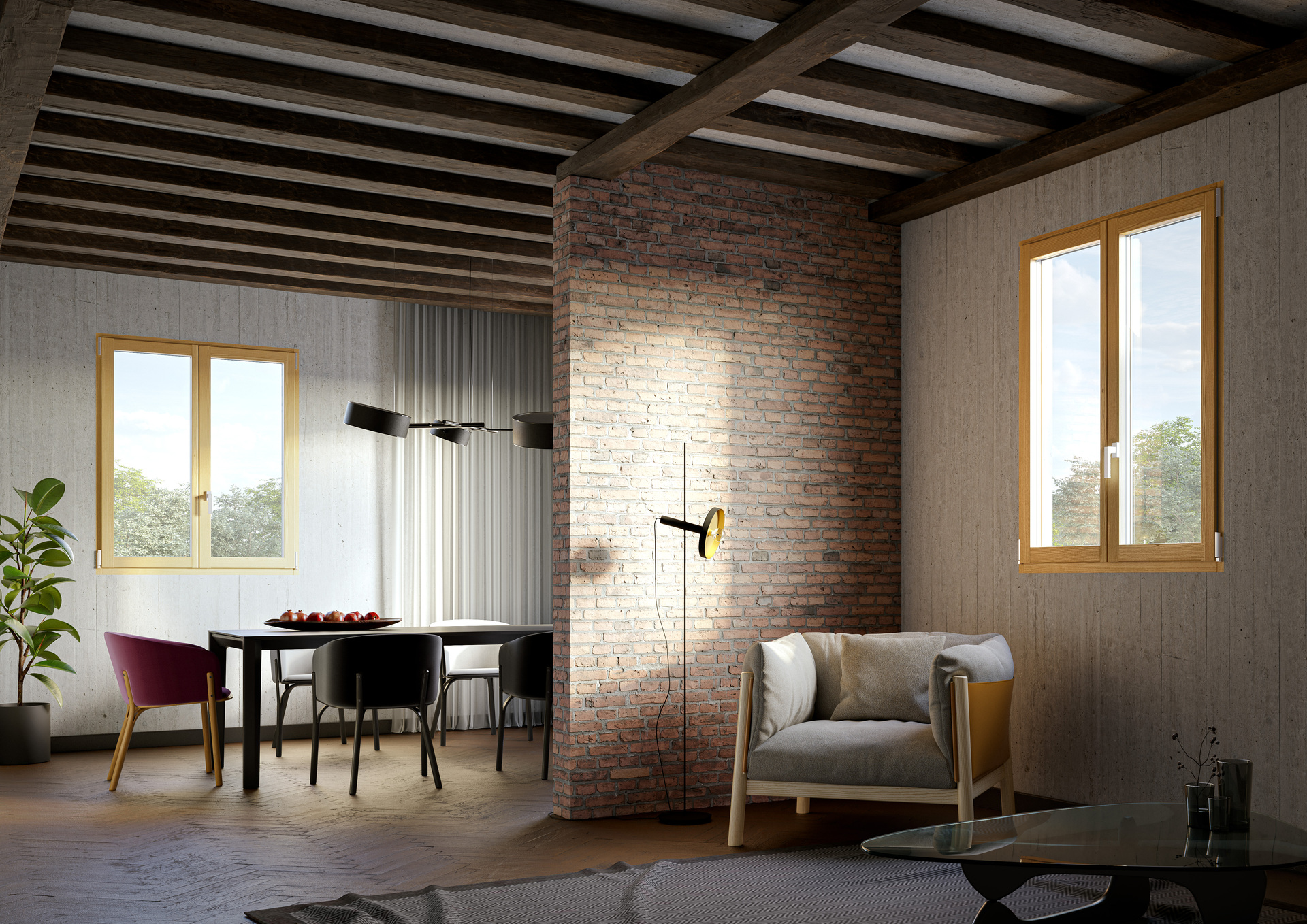 Ambiente rustico moderno con finestre SPI dalla finitura effetto legno, travi a vista e muro in mattoni