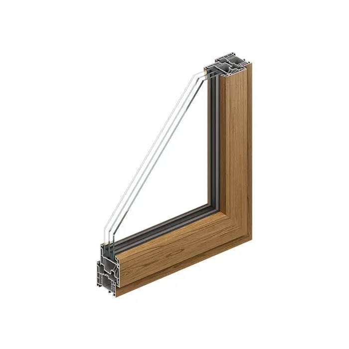 Sezione d'angolo del profilo in PVC effetto legno del sistema P80 EVO di Tecnoplast