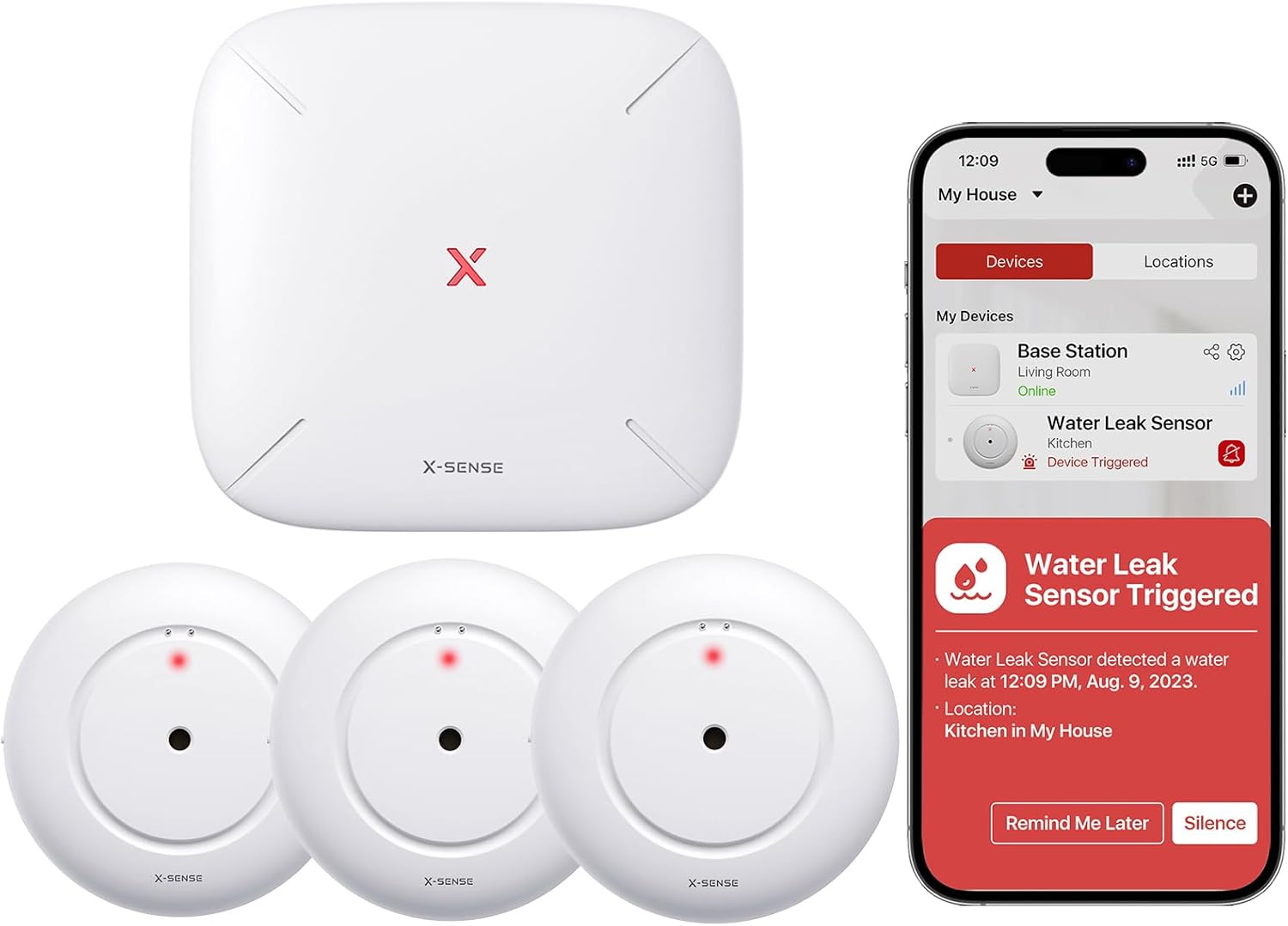 Kit sensori allagamento X-Sense con stazione base e tre rilevatori