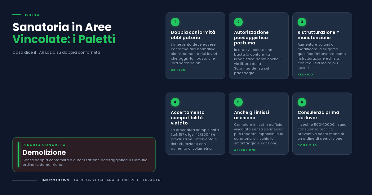 Sanatoria edilizia in aree vincolate: perché la doppia conformità non è negoziabile